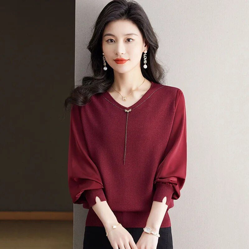 Nowa moda Pullover V-Neck Ice Silk Sweater Women Spring Autumn Loose Bright Silk Stitching Thin Knitting Ladies Primer Shirt