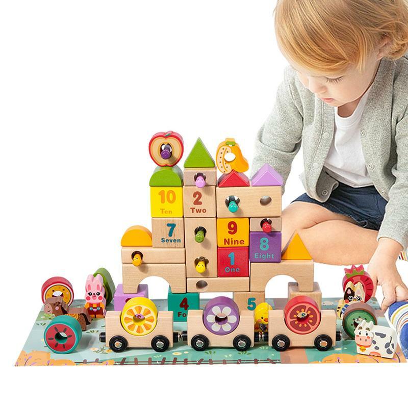 Set blok bangunan, bentuk yang cocok kayu rakitan blok bangunan mainan Puzzle blok pendidikan dini untuk anak-anak