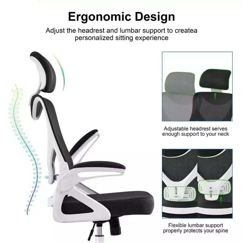 Kursi kantor jaring ergonomis punggung tinggi, dengan sandaran kepala berbantalan dapat disetel, furnitur putih/hitam