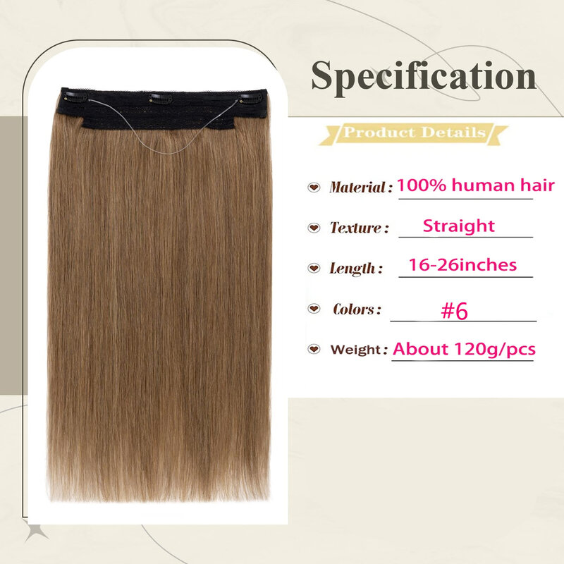Extensões de cabelo de arame com linha de peixe para mulheres, cabelo castanho claro, 100% cabelo humano real, reto, 16-26 em, 120G, #6 Color