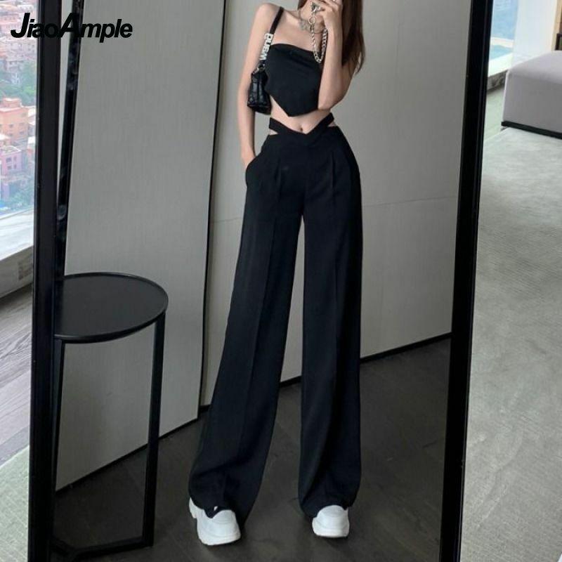 Женские длинные широкие брюки, офисные черные свободные однотонные брюки с высокой талией и вырезами, в Корейском стиле, весна-лето 2022