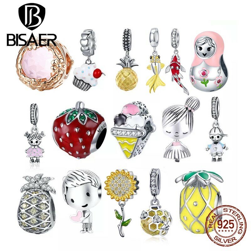 Bisaer-925 mulheres pingente de prata esterlina, charme, abacaxi, morango, sobremesa, contas para as mulheres, pulseira, diy, jóias finas