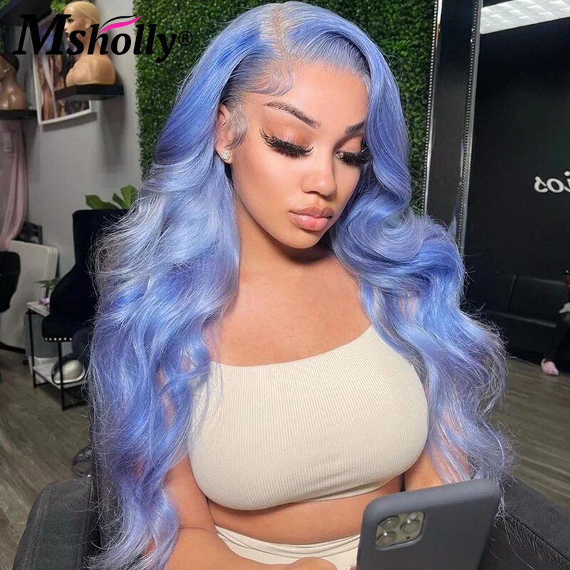 Peluca de cabello humano ondulado azul para mujer, pelo Remy virgen brasileño sin pegamento, prearrancado, HD, transparente, encaje Frontal