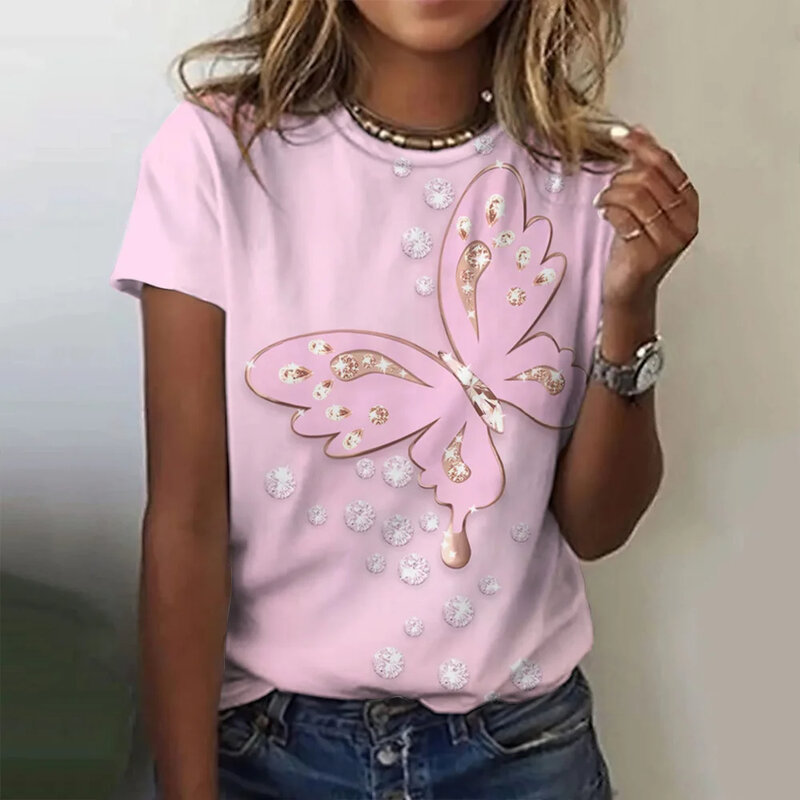 T-shirt à manches courtes imprimé papillon pour femmes, col rond, grand haut décontracté, élégant, vêtements à la mode