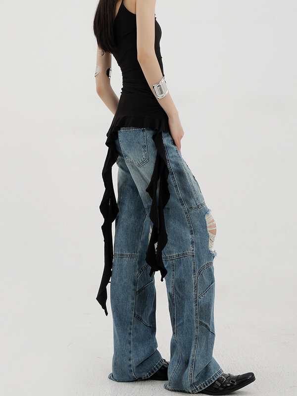 Y2k damskie dżinsy niebieska z rozcięciami luźne Harajuku w stylu Vintage estetyczne spodnie z lat 2000.