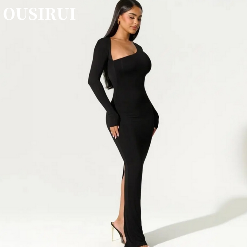 Ousirui-女性のための非対称マキシドレス,長袖,サイドスリット,セクシー,ブラック,イブニングパーティー,エレガントな衣装,新しい秋冬,2022