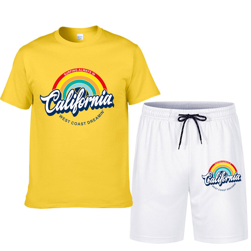 Rainbow letter print, men's 2 piece set, comfortable T-shirt and casual sports shorts set for summer