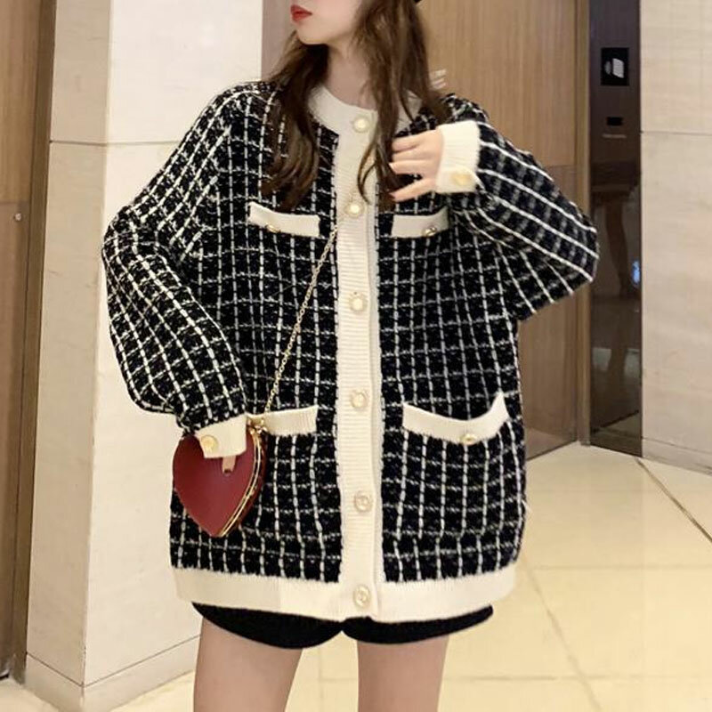 Stylowe patchworkowe sweter dziergany w kratę odzież damska dojazdów z okrągłym dekoltem jednorzędowe jesienno-zimowe kieszenie koreańskie swetry
