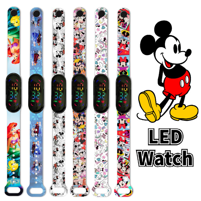 Disney mrożone Elsa zegarki dla dzieci postać z kreskówki Mickey Minnie LED dotykowy wodoodporny elektroniczny zegarek dla dzieci prezenty urodzinowe