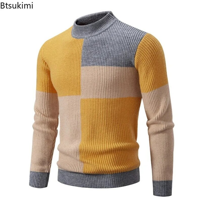 New2024 Sweater hangat kasual musim gugur musim dingin untuk pria Pullover rajut tren Fashion Sweater rajut leher tiruan kontras untuk pria