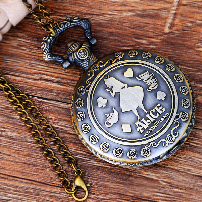 Relojes de bolsillo Retro de Alicia en el país de las maravillas para hombres y niños, relojes de bolsillo de cuarzo de bronce con patrón de tema