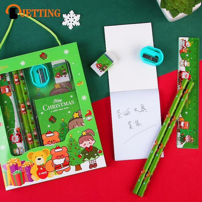 6 sztuk/zestaw serii papeterii bożonarodzeniowych (linijka + ołówek + gumka + temperówka + notatnik) zestaw artykułów piśmiennych dla dzieci prezenty dla studentów