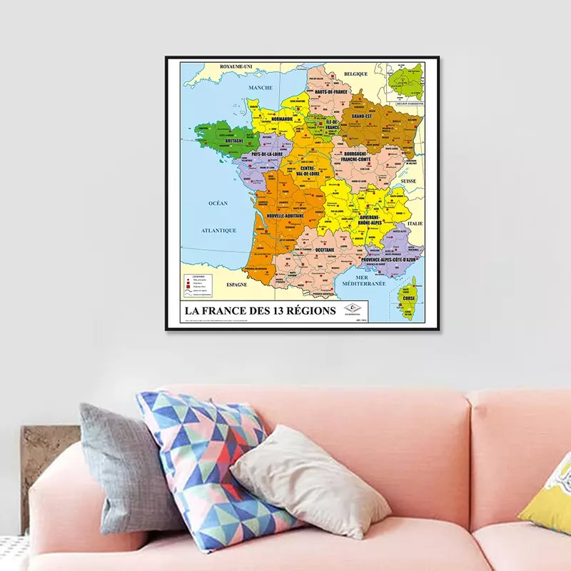 60*60Cm Peta Perancis Di Perancis Semprot Kanvas Lukisan Dinding Seni Poster Kelas Dekorasi Rumah Anak-anak Perlengkapan Sekolah