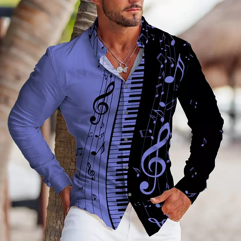 Мужская рубашка с отложным воротником, повседневные уличные топы из мягкого материала с музыкальными нотами, весна-лето 2023