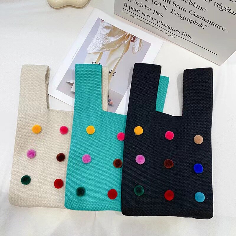 Handmade Knit Handbag Women Mini Knot Wrist Bag Casual Color Wide Stripe Plaid Tote Bag Student Reusable Shopping Bags