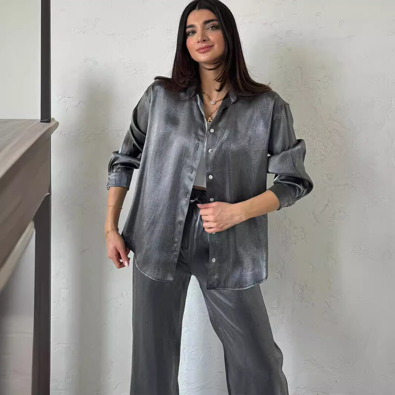 New Spring 2 Piece Sets Womens Outfits Shiny Silk Shirt Top and High-waisted Wide-legged Pants Elegant Women Clothing Pant Sets