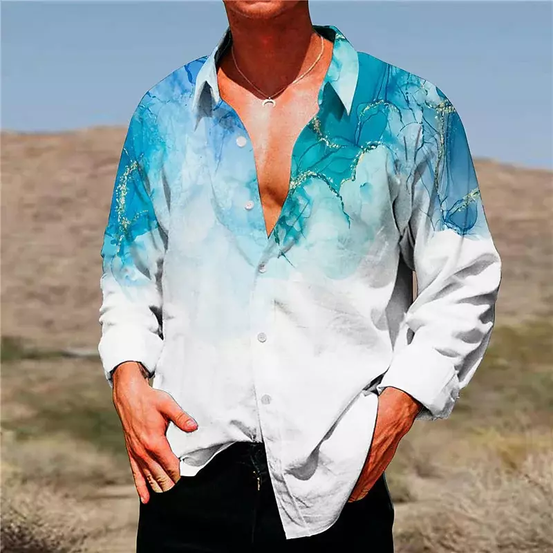 Koszula męska marynarka modna w stylu Vintage plemienna sportowa męska imprezowa przezroczysta graficzna koszula klapa koszula na guziki swobodna fioletowo-niebieska