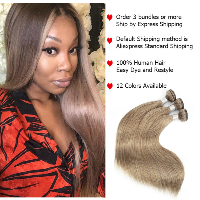 2/3/4 Bundles Indian Straight Hair Weave Color 8 Ash Blonde Light Ginger Brown Remy Human Hair Extension