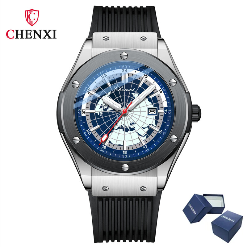 Chenxi-Relógio de quartzo impermeável de luxo masculino, marca superior, luminoso, data, silicone, quadrado, esportes, casual, nova moda, 82442, 2023