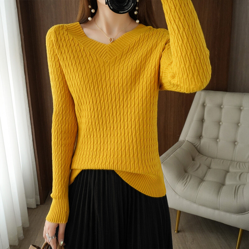 Женский вязаный свитер свободного покроя, универсальный тонкий пуловер с V-образным вырезом, в Корейском стиле, весна-осень