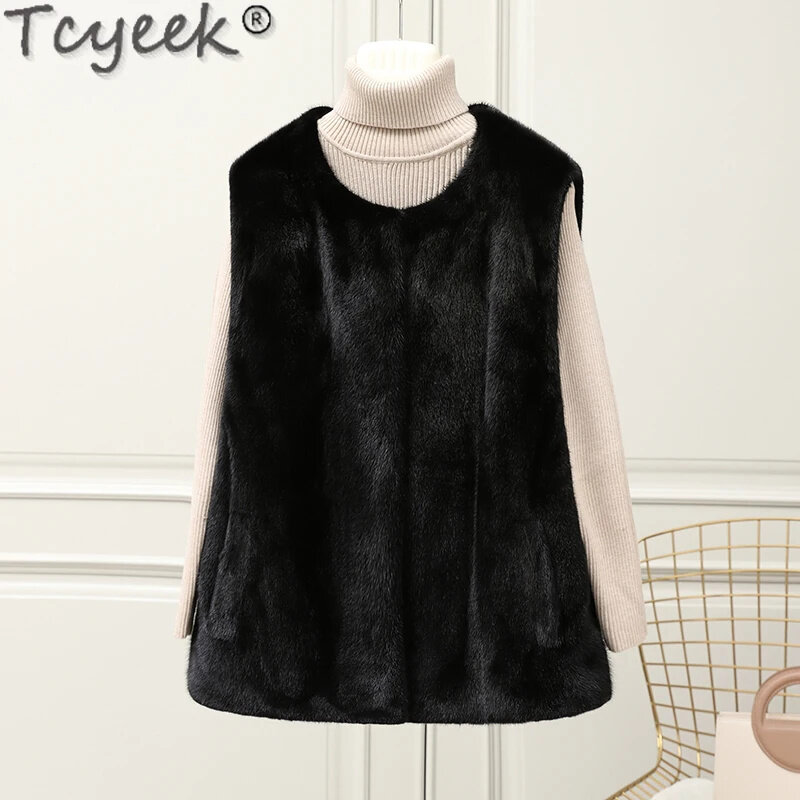 Tcyeek-Chaleco de piel de visón Natural para mujer, chaqueta sin mangas, cálida, estilo corto, invierno, 2024