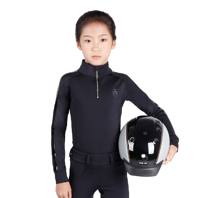 Children's Long Sleeve Zip Jacket, Kid Stretch T Shirt, Ride Horse Coat, Black Color Suit for Riders, Boy and Girl
