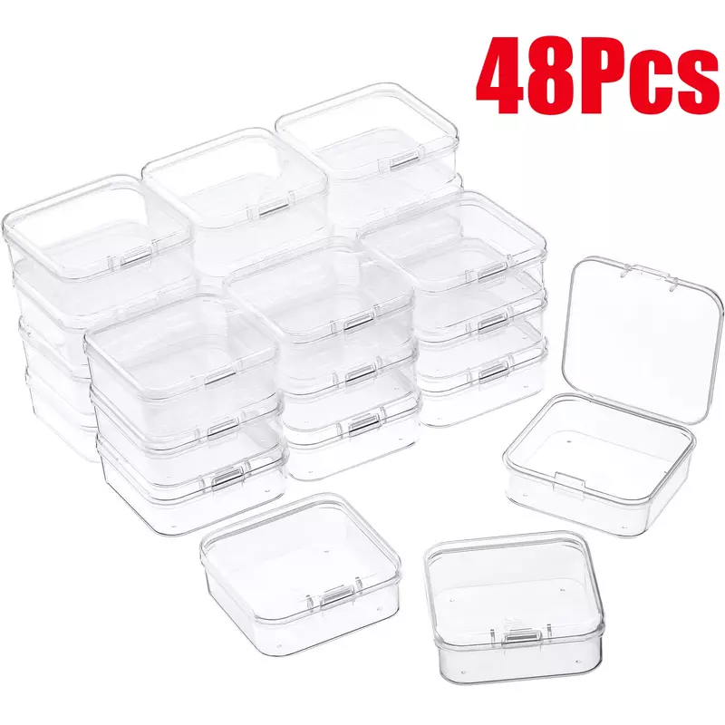 48Pcs 4.3*4.3*2cm Mini Clear Plastic Storage Box Containers with Lids Empty Hinged Boxes for Beads DIY Craft Jewelry Making