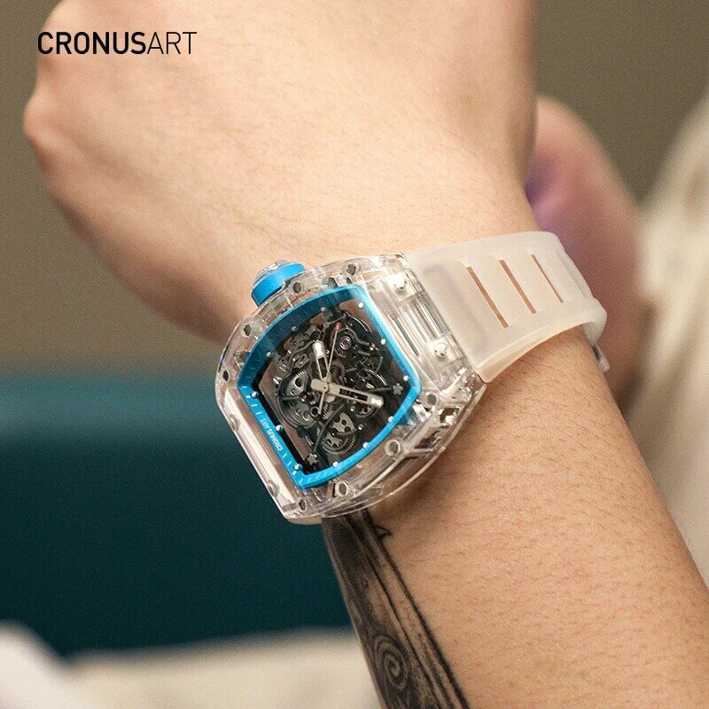 Механические наручные часы CRONUSART, часы с прозрачным механизмом серии сапфир, мужские автоматические механические часы с синим внутренним кольцом