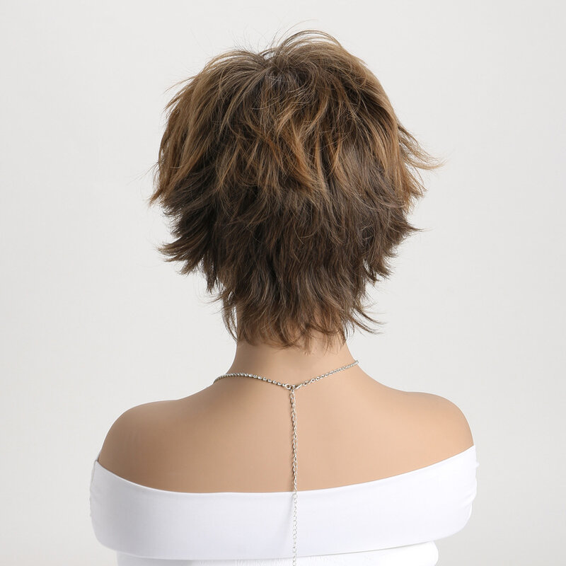 Krótki lekki brązowe peruki syntetyczne z grzywką dla kobiet kręcone puszyste włosy falowe włókno termoodporne odzież na co dzień peruka