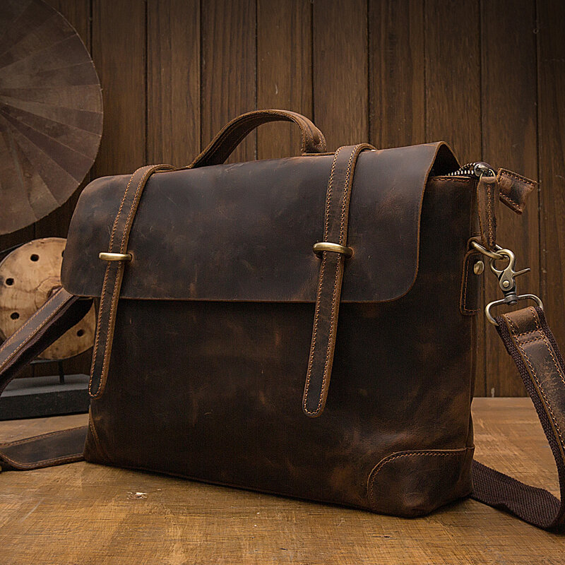 Handmade Crazy Horse Leather Shoulder Bag For Men Genuine Leather Cross body Bag Vintage Briefcase Cowhide Office Messenger Bag