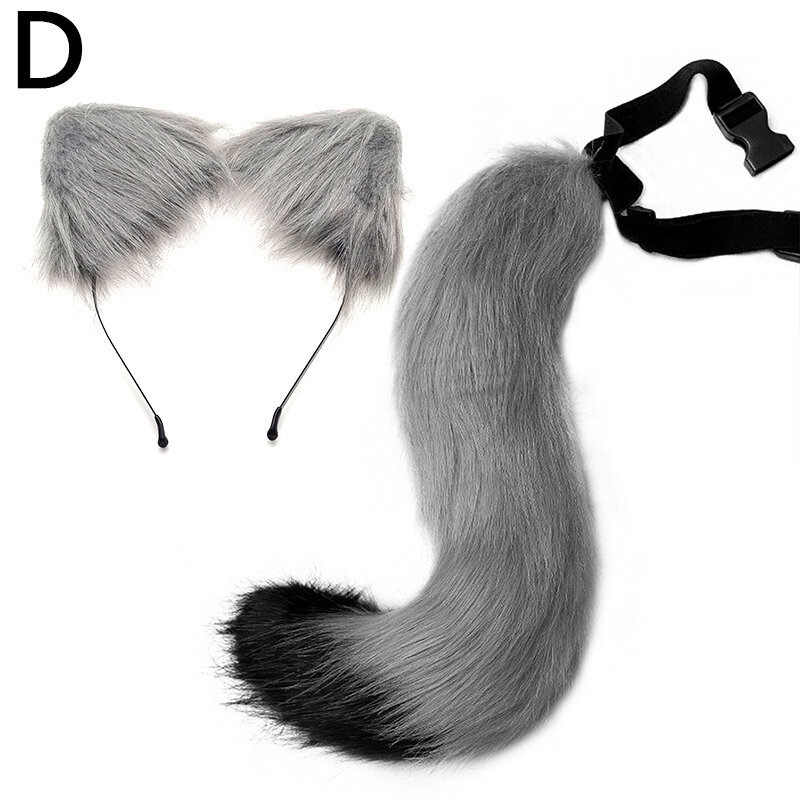 Hiasan kepala telinga kucing rubah baru bando telinga hewan berbulu bando rambut simpai Set ekor untuk pesta Halloween aksesori Cosplay gaun