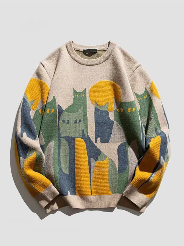 2023 Autumn Knitted Sweater Men Women Winter Harajuku Cartoon Full Cat Print Pullover Vintage Causal Loose Sweaters Streetwear