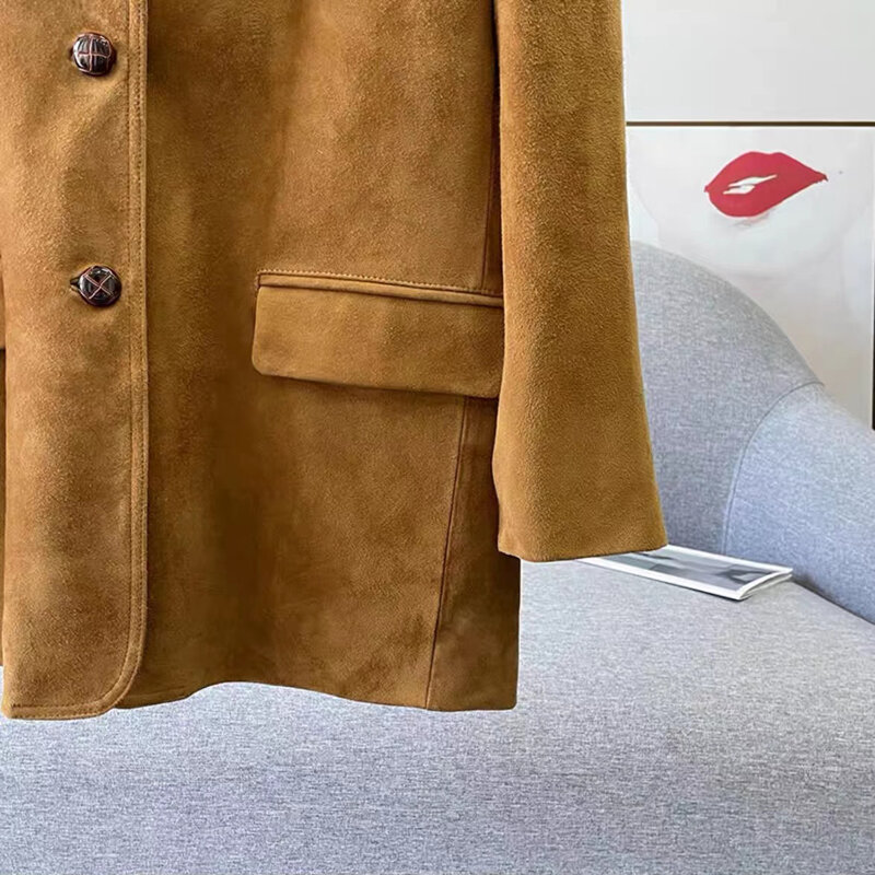 Retro Vintage Maillard Caramel Suede Jacket for Women Loose Fitting 2023 New High-end Genuine Leather Suit Medium Length Coat