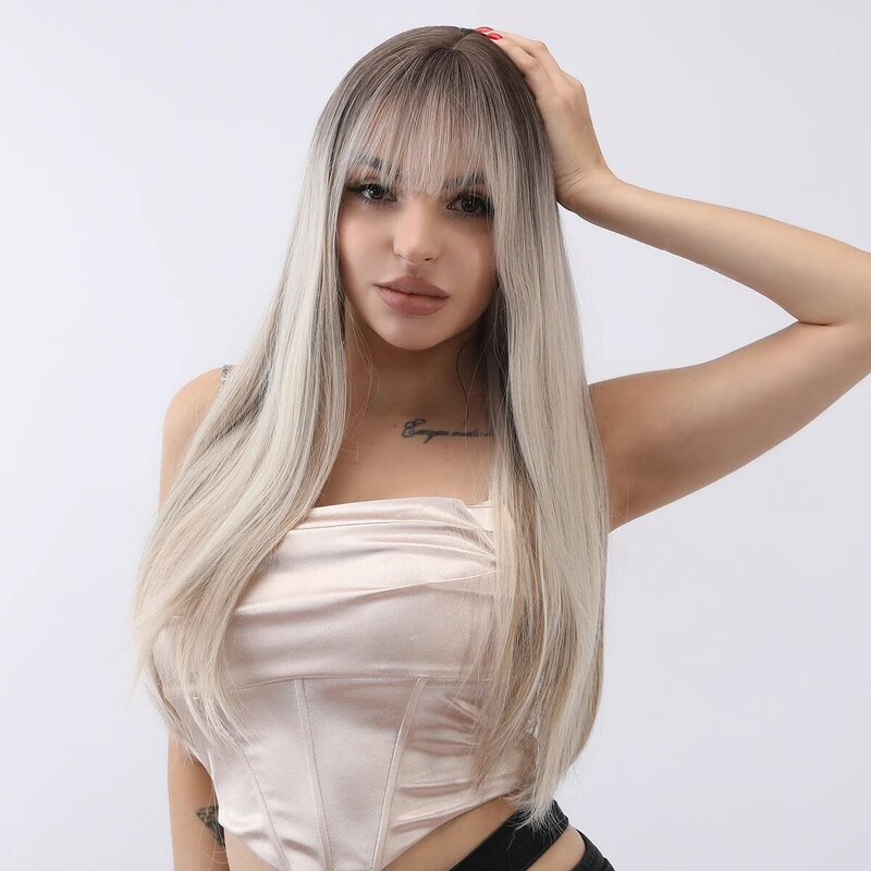 Smilco Omber Brown To Grey Long Straight Wigs For Women Synthetic Natural Hair With Bangs Daily Cosplay Party Heat Resistant Wig