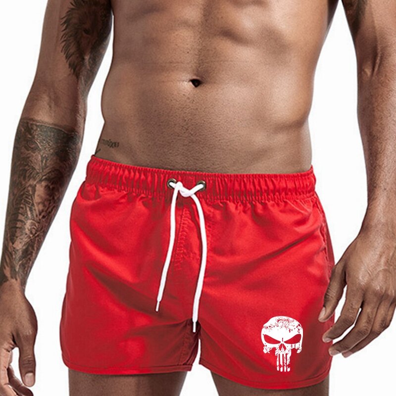 Celana pendek pantai motif tengkorak, celana pendek olahraga Fitness gym pria, celana pantai Bermuda keren ramping kasual musim panas