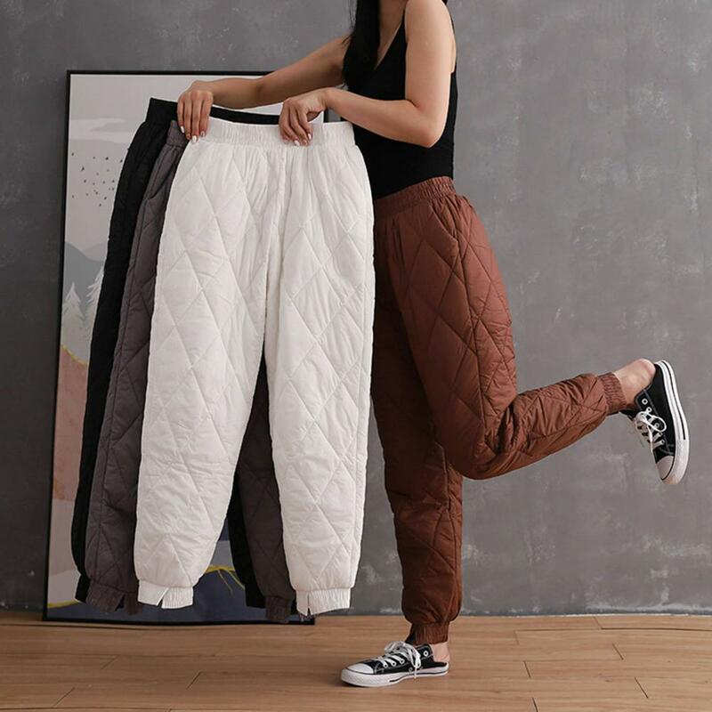 Женские зимние брюки с подкладкой и эластичным поясом, плотные теплые брюки с ромбовидной текстурой, повседневные женские спортивные брюки до щиколотки для покупок