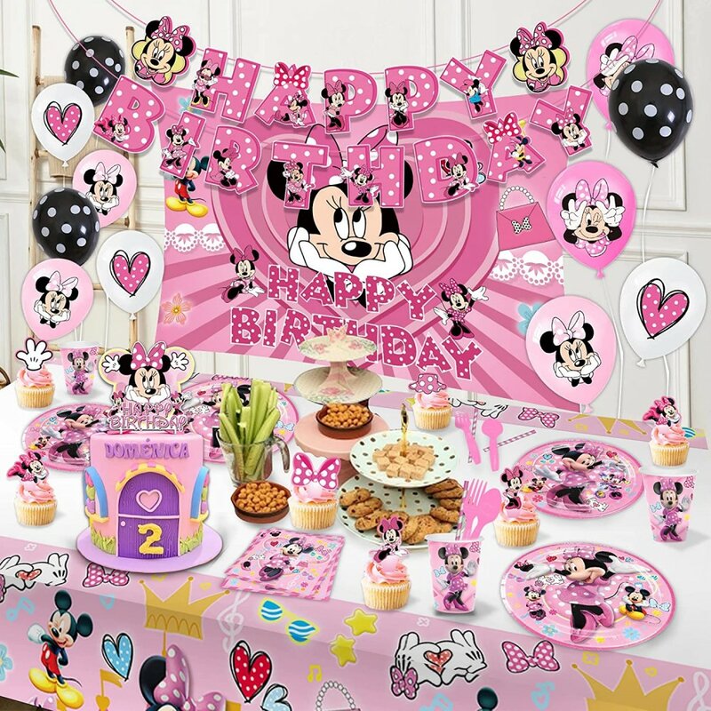 Minnie Mouse decorazione festa palloncini stoviglie usa e getta Set rosa Minnie tovaglia Baby Shower ragazze forniture per feste di compleanno