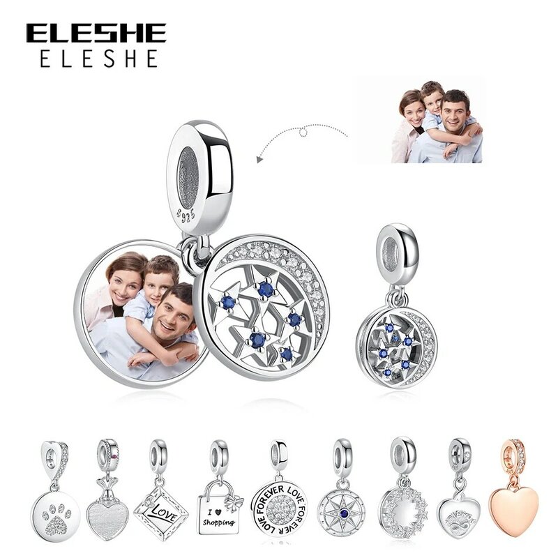 ELESHE Custom Photo Bead 925 Sterling Silver Hollow Star Round Dangle Charm Fit Original Bracelet DIY Personalized Jewelry