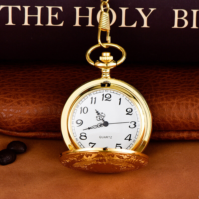 남성용 빈티지 럭셔리 골드 조각 쿼츠 포켓 시계, 조각된 황금 케이스, FOB 체인 시계, 컬렉션 목걸이 시계