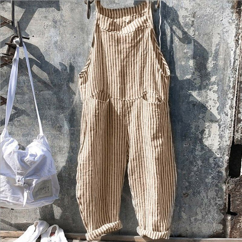 Macacão vintage de perna larga feminino com bolsos, calça cargo solta, calça sem mangas, babador étnico multicolor, casual