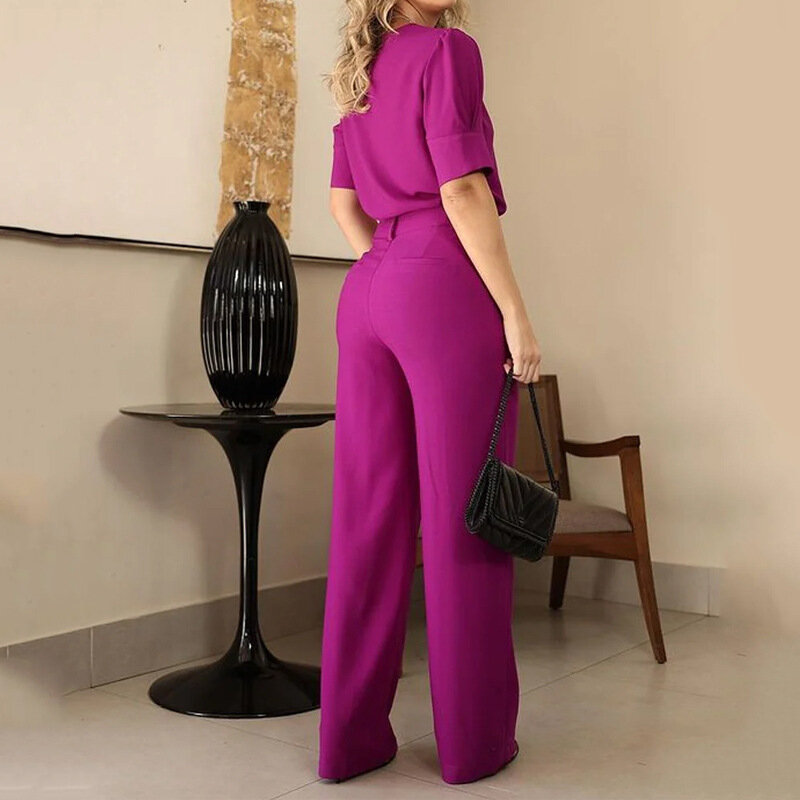 Women Pants Sets Short Sleeve O Neck Pullover Top Wide Leg Pants Loose Two Pieces Pockets Casual Basics Ankle Length Elegant