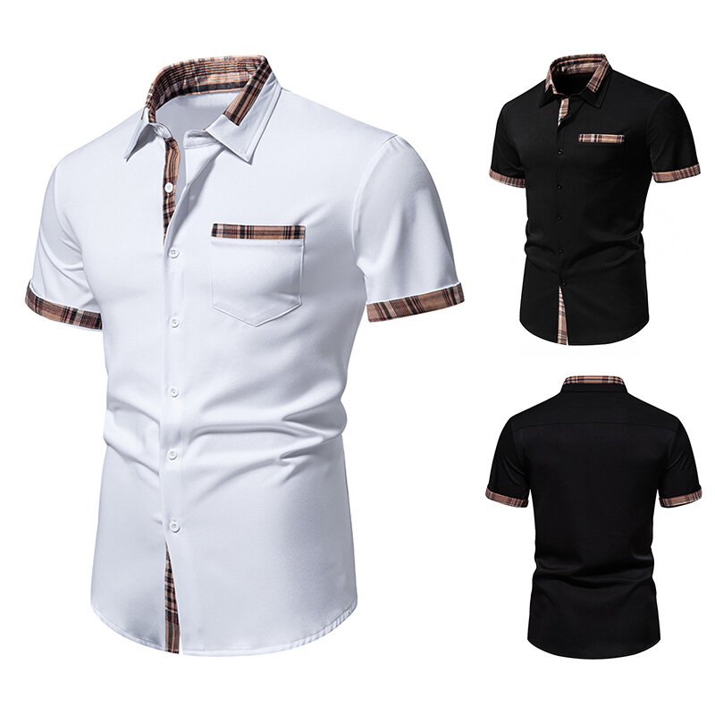 2024 Summer New Men's Casual Short-sleeved Shirt Fashion Plaid Collar Formal Tie Button Short-sleeved Shirt