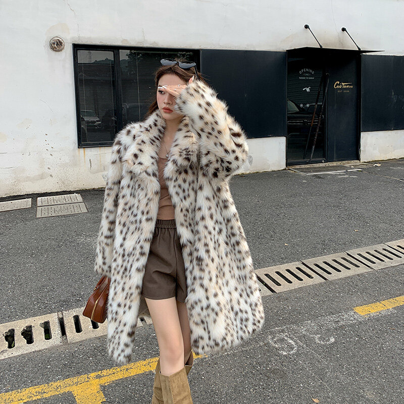 Пальто из искусственного лисьего меха для женщин зимняя куртка утолщенная леопардовая куртка с искусственным пуховым воротником пальто из искусственного меха повседневные куртки 2023