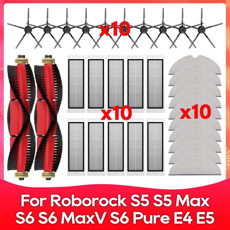 เหมาะสำหรับ Roborock S5 / S5 Max / S6 / S6 MaxV / S6 Pure / E4 / E5 / S51 / S52 / S55 แปรงข้างลูกกลิ้งฟิลเตอร์ผ้าเช็ดอุปกรณ์ส่วน.