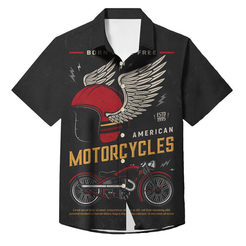 남성용 빈티지 셔츠, 반팔 상의, 3D 오토바이 패턴, 캐주얼 신상 셔츠, 단추 루즈 플러스 사이즈 의류, 여름