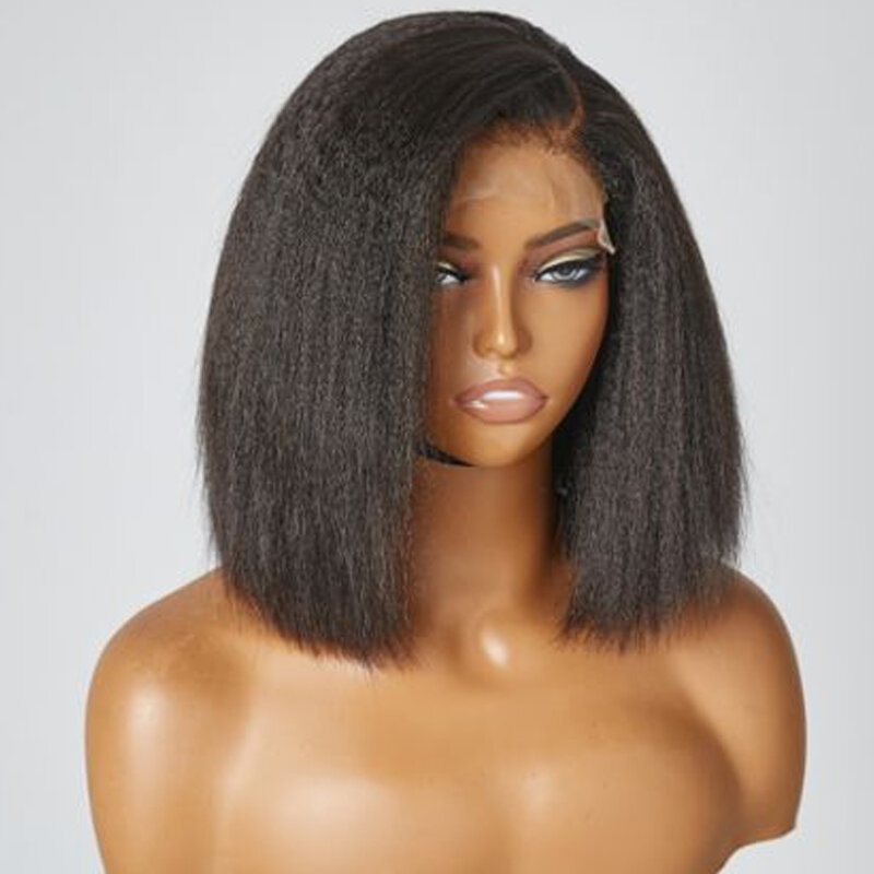 Wig lurus Kinky Glueless 100% "rambut manusia aus dan Go Bob 12A rambut Peruvain pendek Yaki wig lurus untuk wanita OnSale