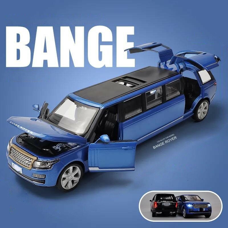 Simulación de Land Range Rover alargado para niños, de aleación de juguete Musical limusine, Metal fundido a presión, modelo de coche, tirar hacia atrás, intermitente, regalo para niños, 1:32