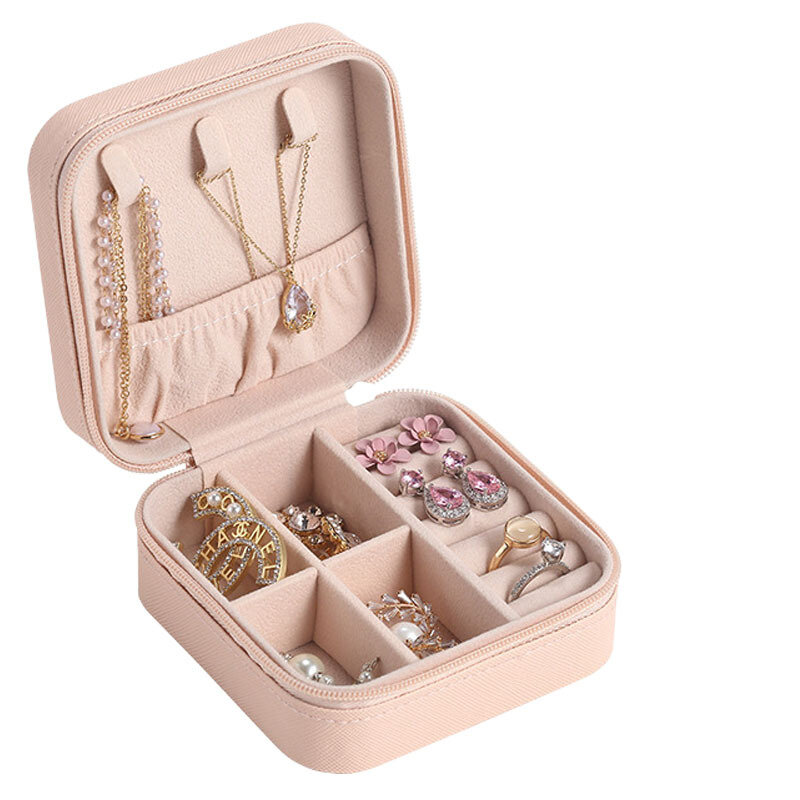 Mini caja organizadora de joyería, estuche de viaje con cremallera, de cuero PU, portátil, para pendientes, collar, anillo