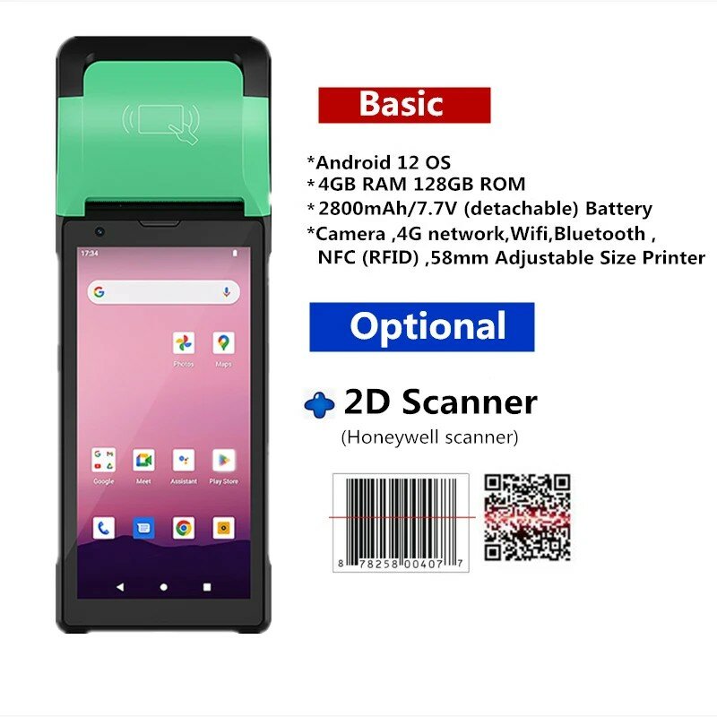 Scanner Industriel PDA avec Imprimante Intérieure de 58mm, Android 12.0, 4 Go de RAM, 128 Go, Dean Déterminer 2d Honeywell