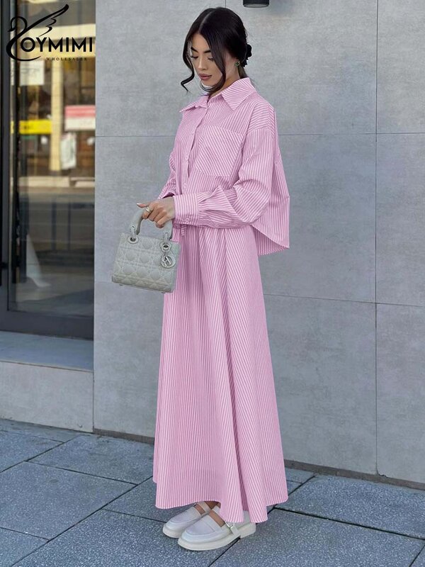 Oymimi elegante stampa a righe rosa donna 2 pezzi Set completo moda manica lunga camicia con bottoni e gonna con coulisse a vita alta